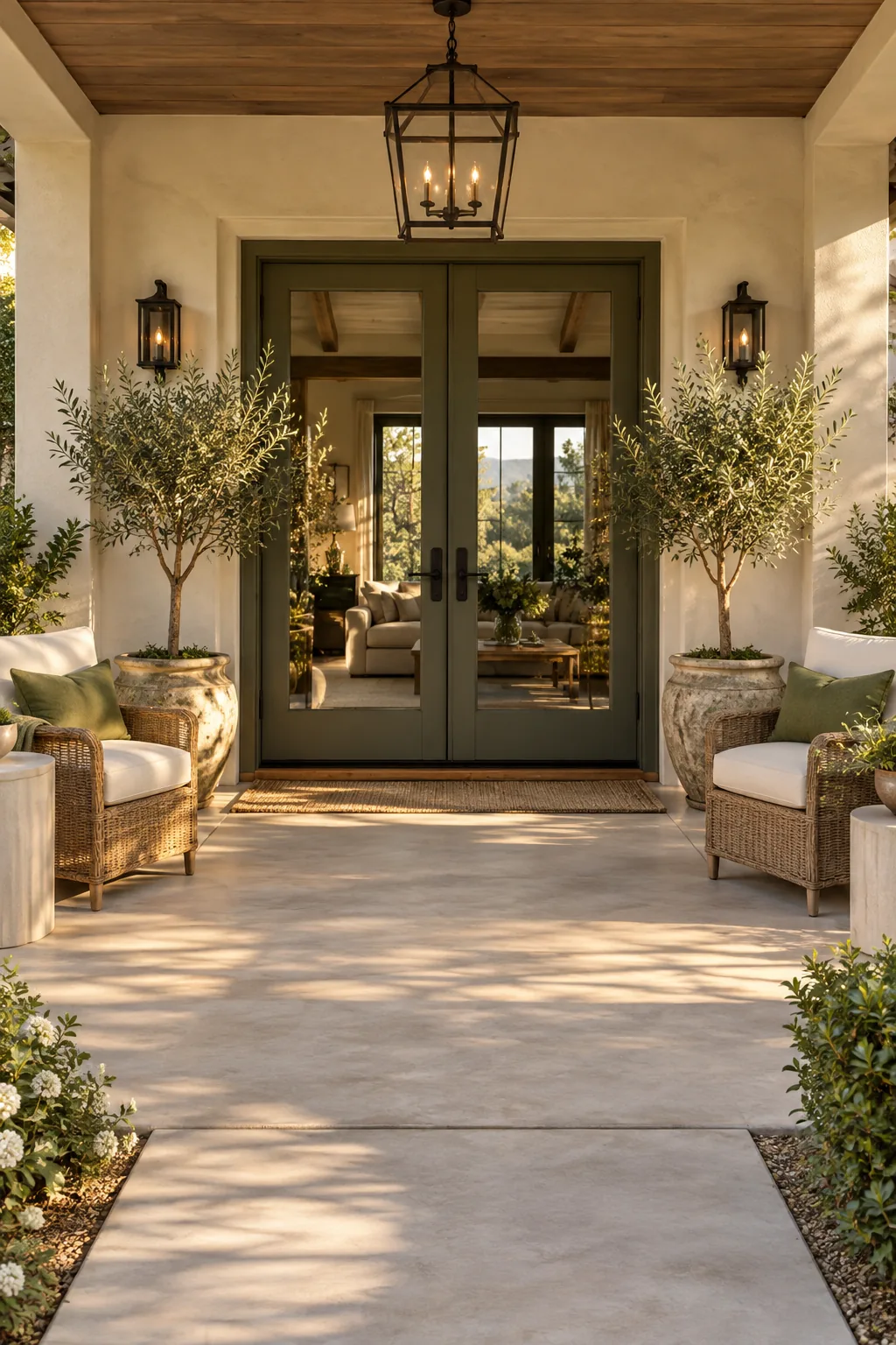Matching potted olive trees and armchairs placed symmetrically on patio
