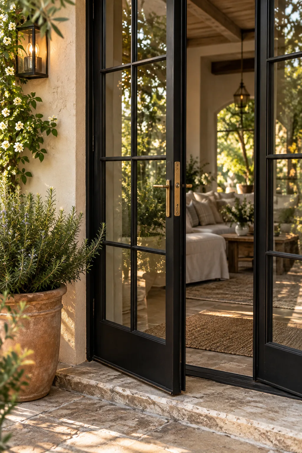Black framed French doors opening onto a covered patio