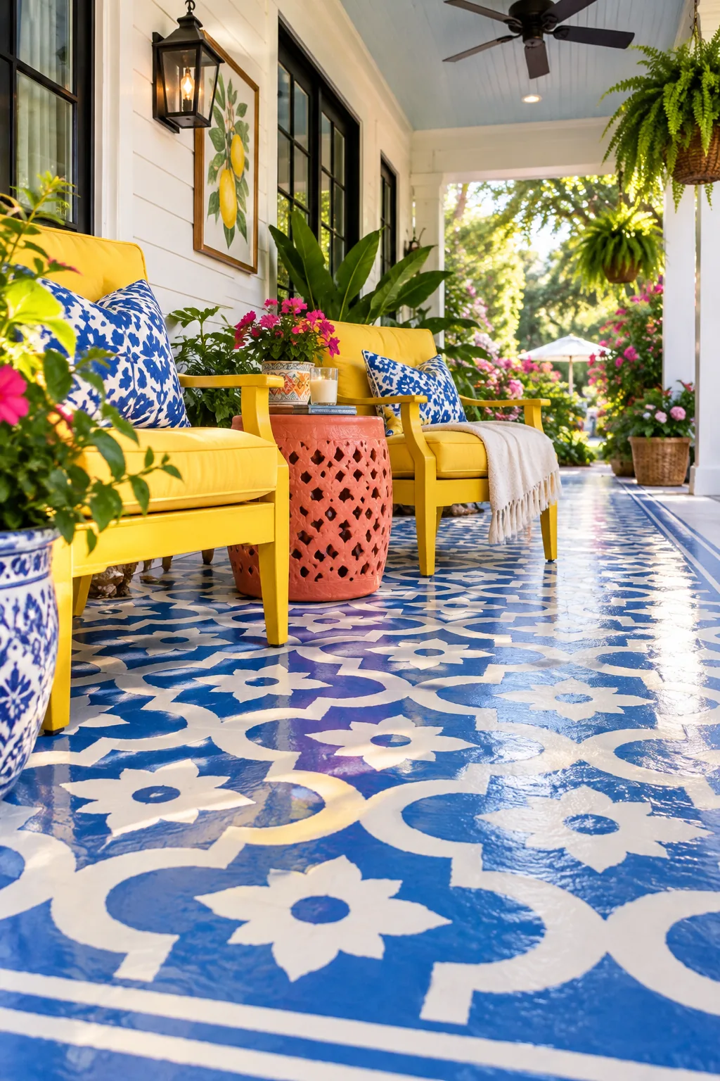 Faux rug stenciled directly onto a concrete patio floor