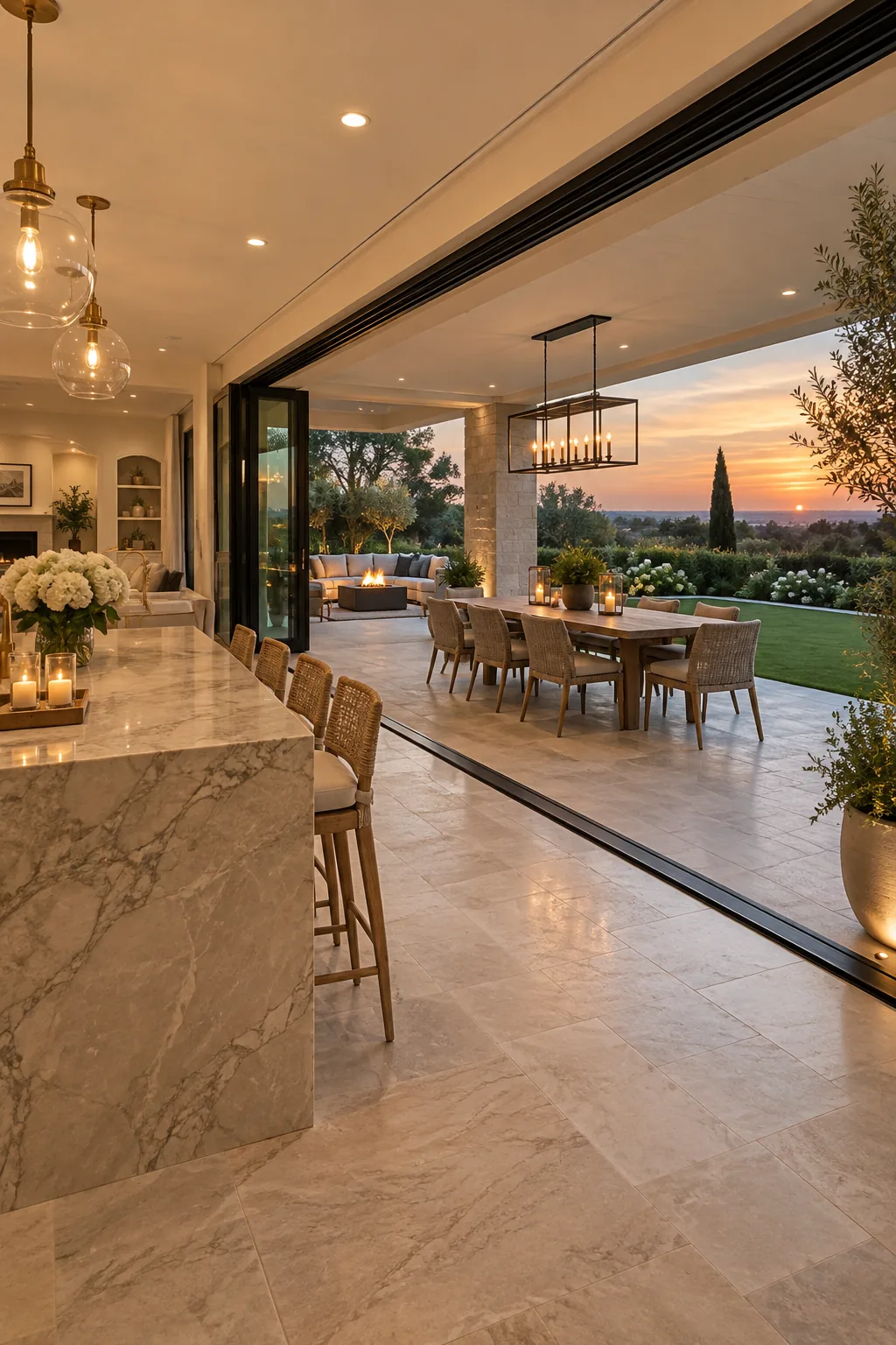 Retractable glass walls opening kitchen completely to covered patio