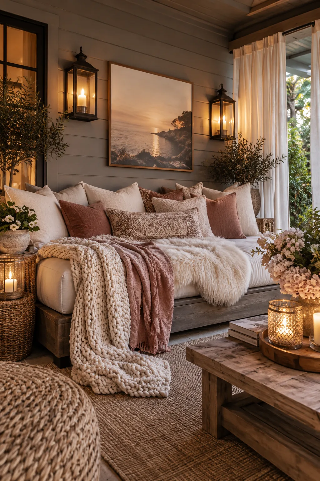 Covered patio decorated with linen curtains and floor cushions