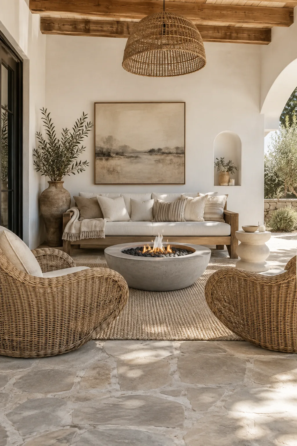 Covered patio featuring a teak wood sofa mixed with woven rattan chairs