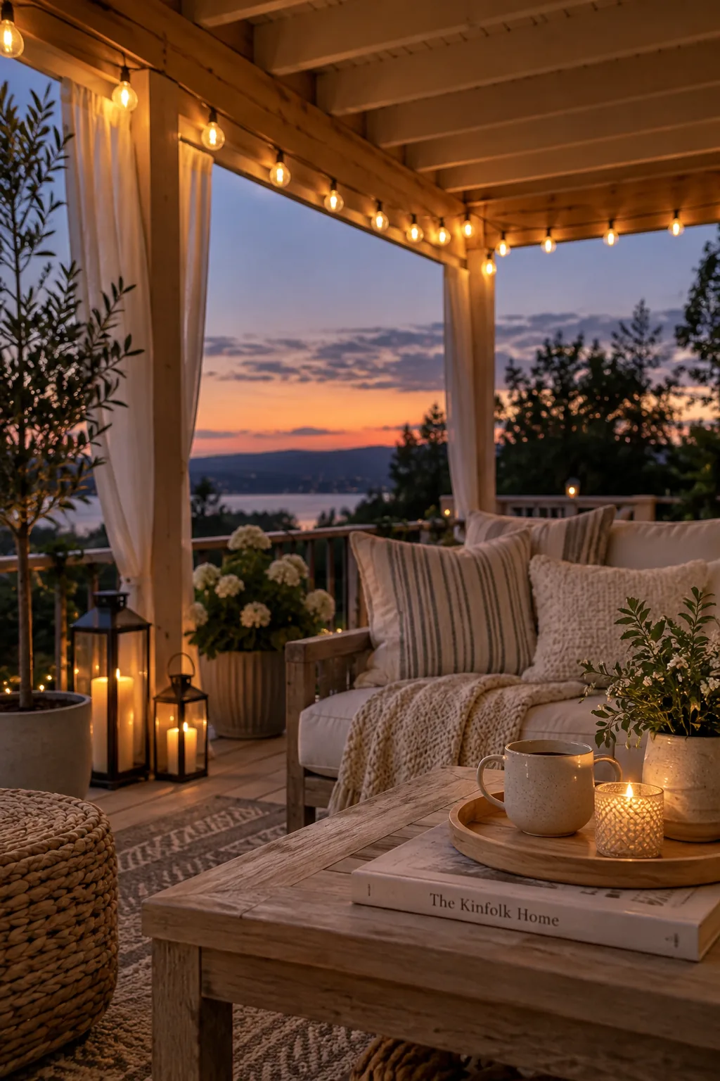 Warm string lights draped along the wooden beams of a covered patio