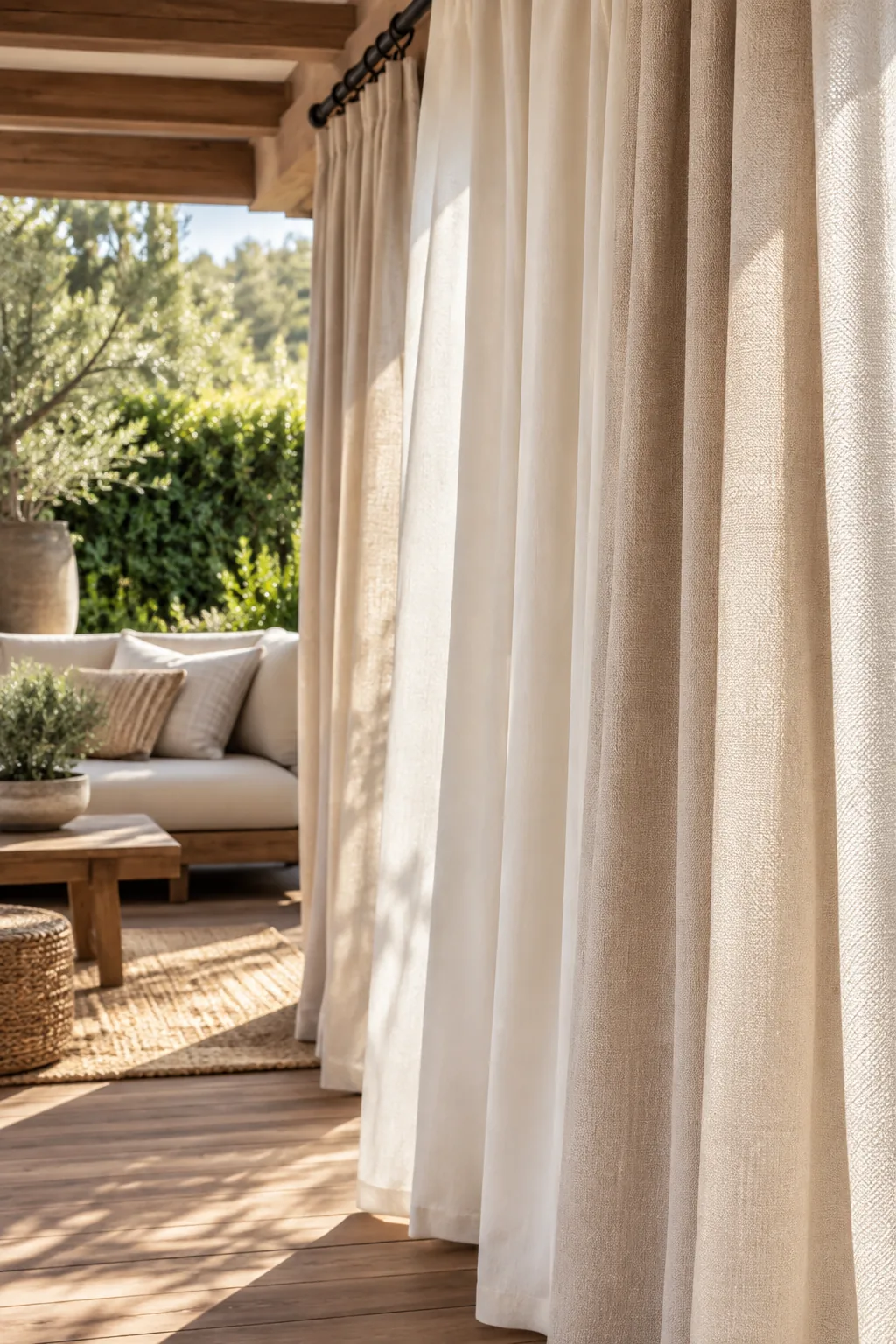 White outdoor curtains hanging on a covered patio blocking the sun
