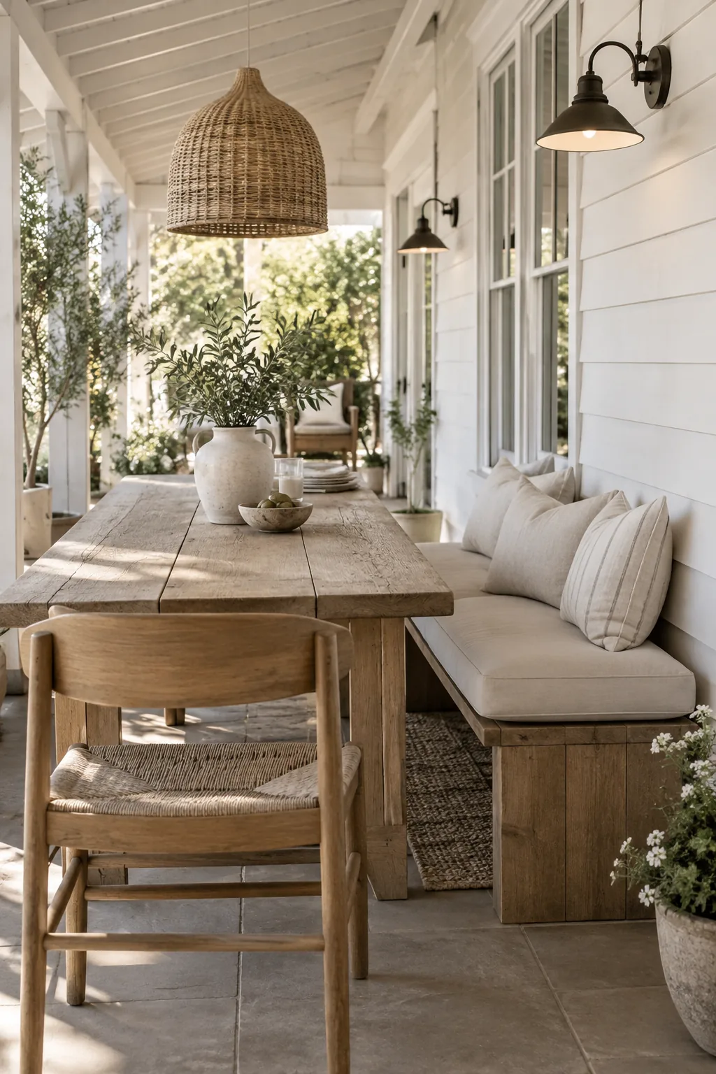 A narrow covered patio dining area featuring a backless bench against the wall