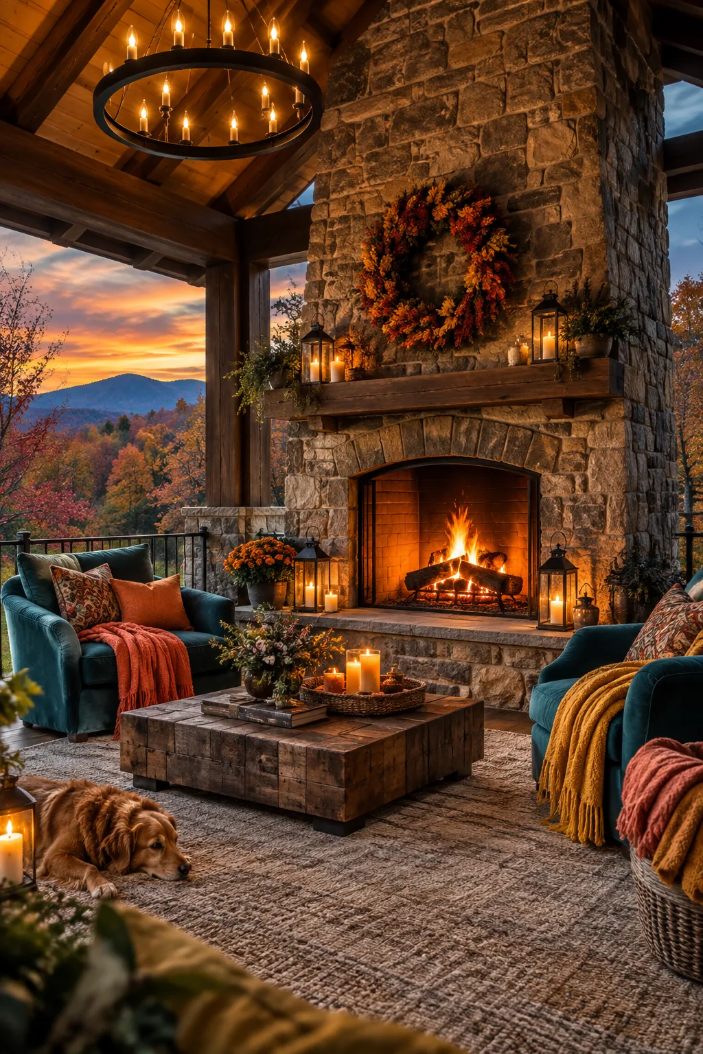 A covered patio with a large stone fireplace and two lounge chairs