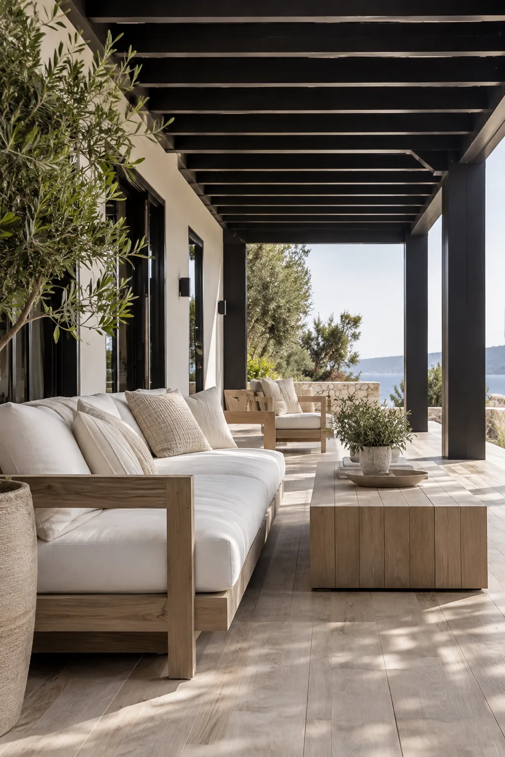 Modern covered patio featuring matte black overhead beams and white furniture