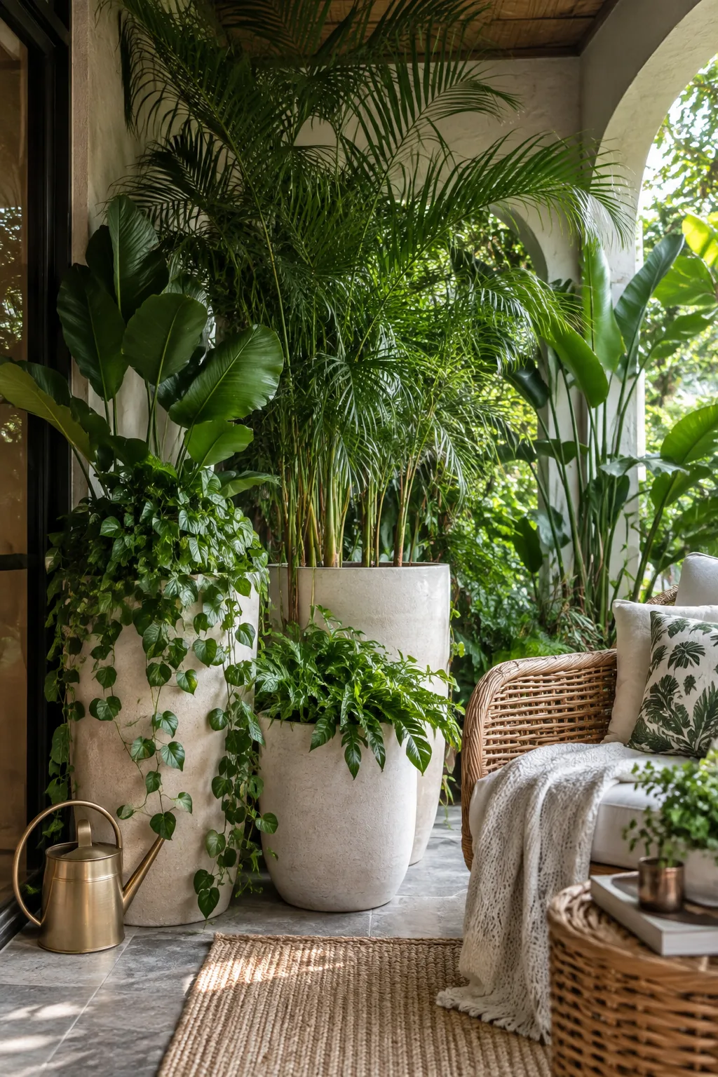 A cluster of potted tropical plants in varying heights on a patio