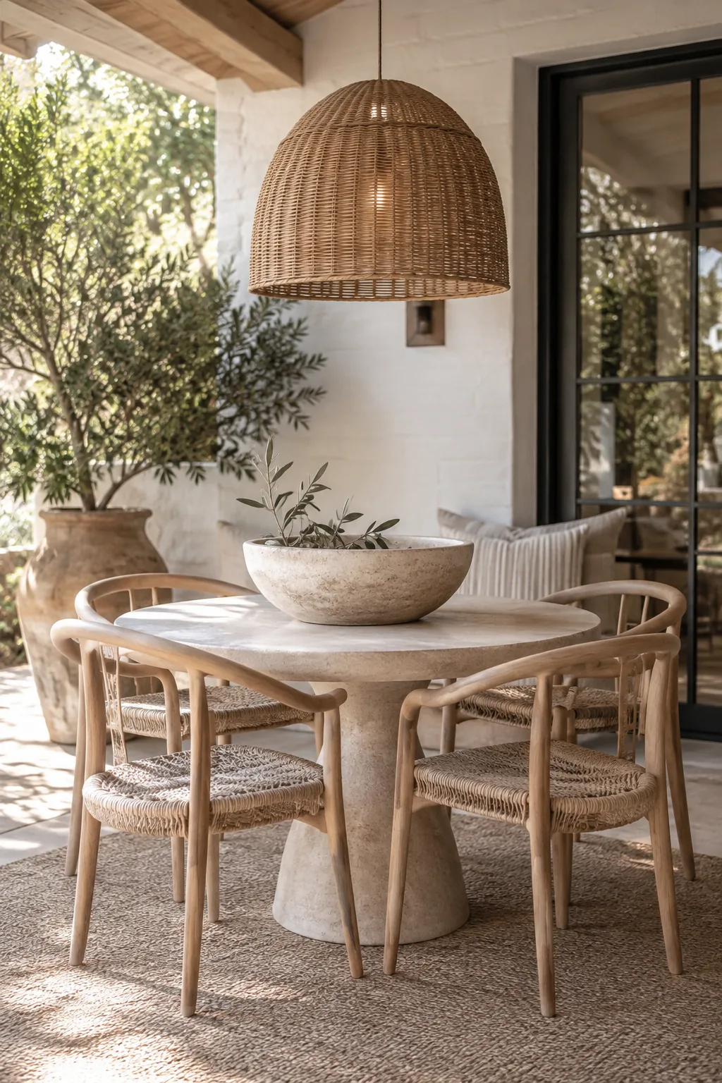 A small round bistro table with curved chairs in a patio corner