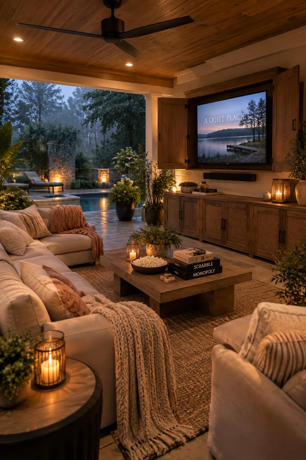A weatherproof television mounted inside a wooden custom cabinet outdoors