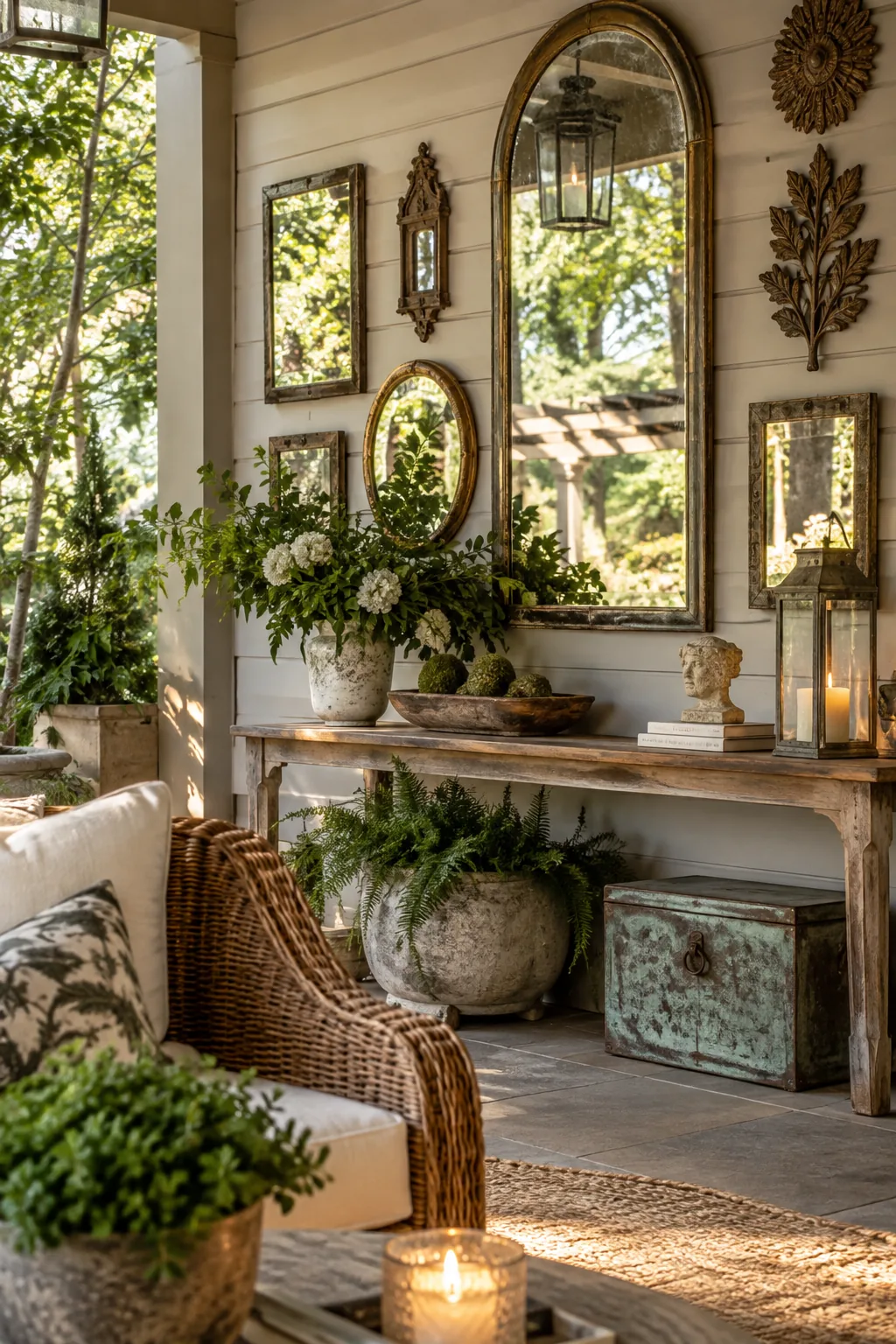Exterior siding on a patio decorated with weathered mirrors and wall baskets