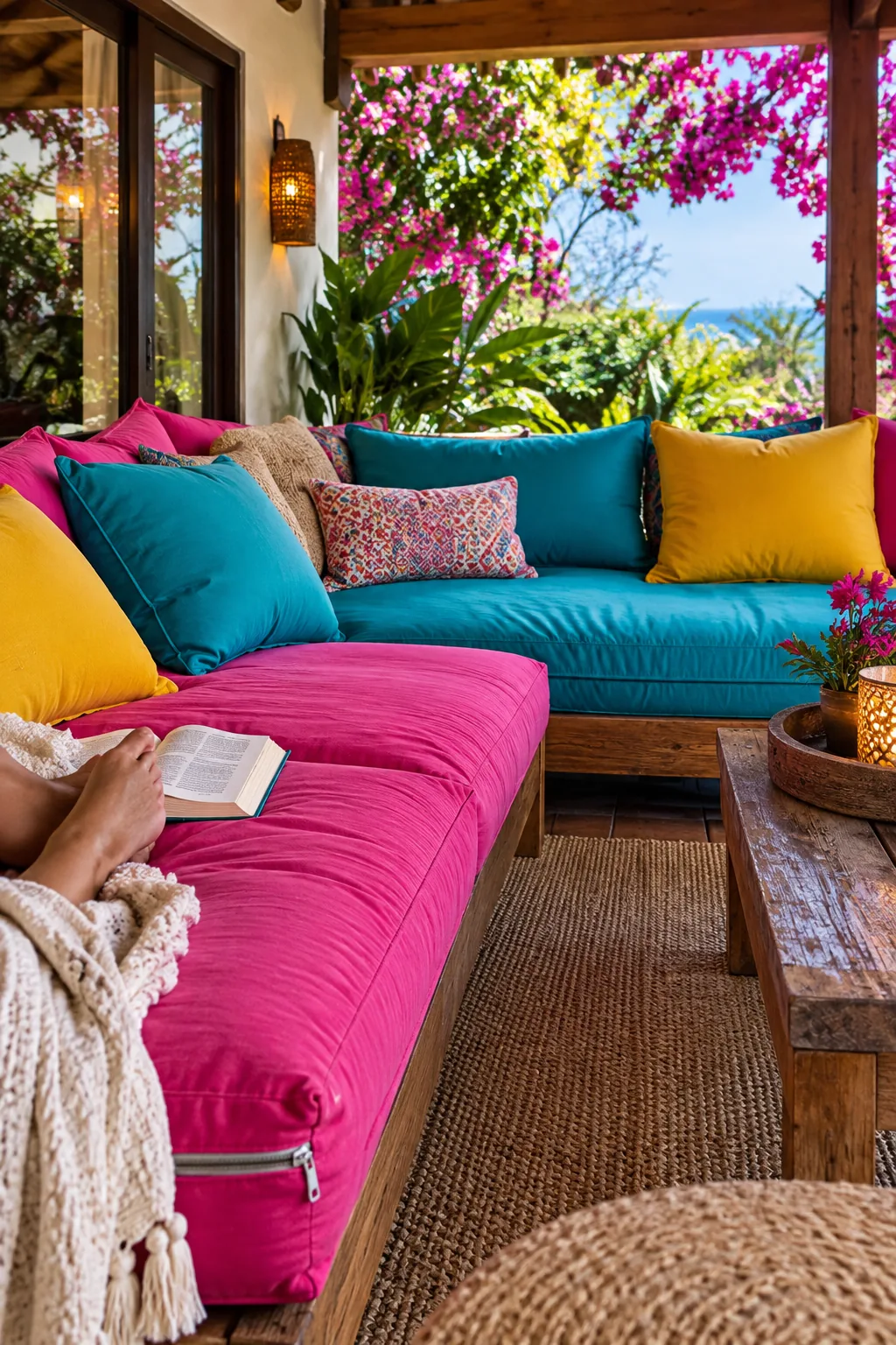 Two oversized outdoor daybeds arranged in an L-shape under a patio roof