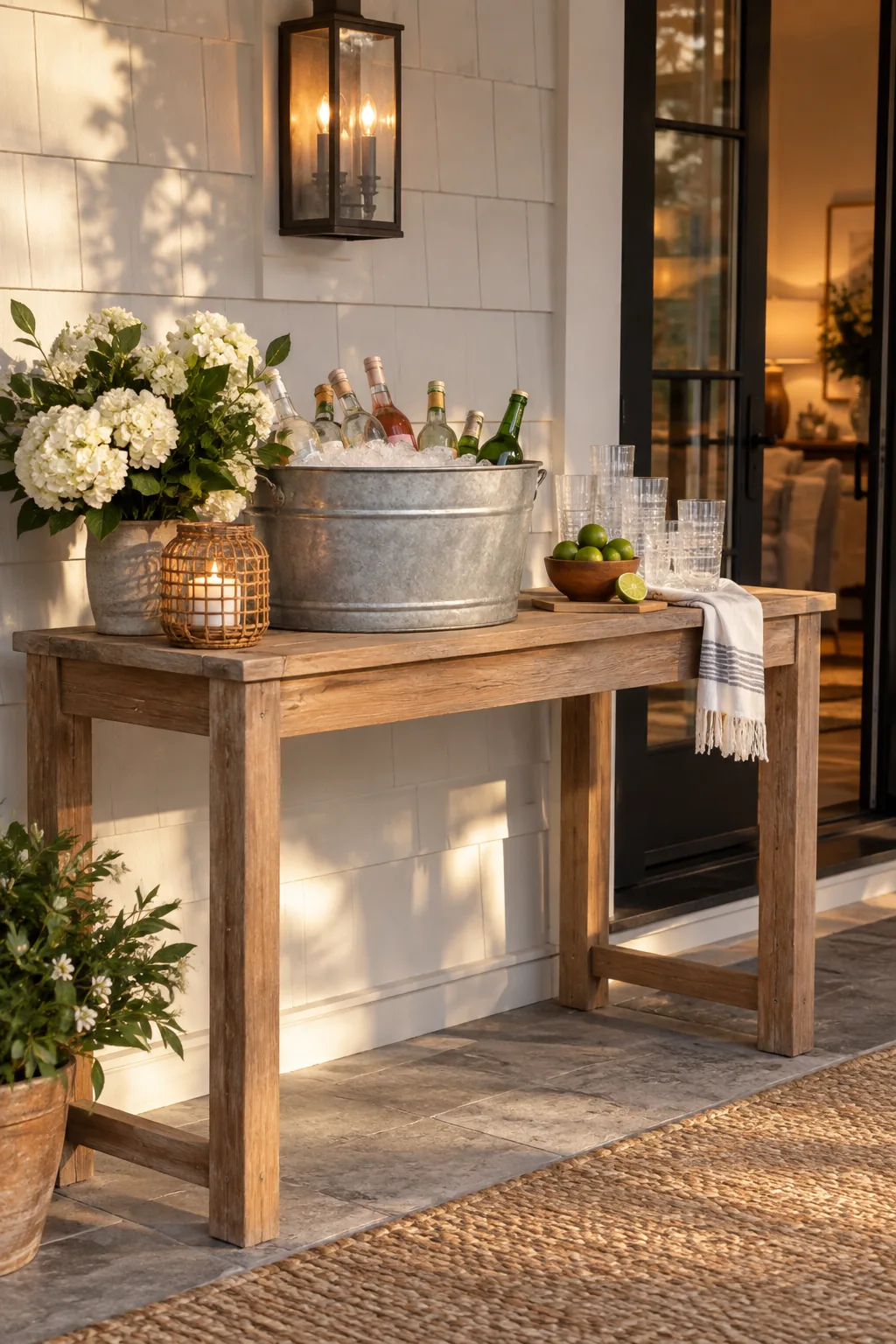 A teak console table set up as an outdoor drink station with glasses