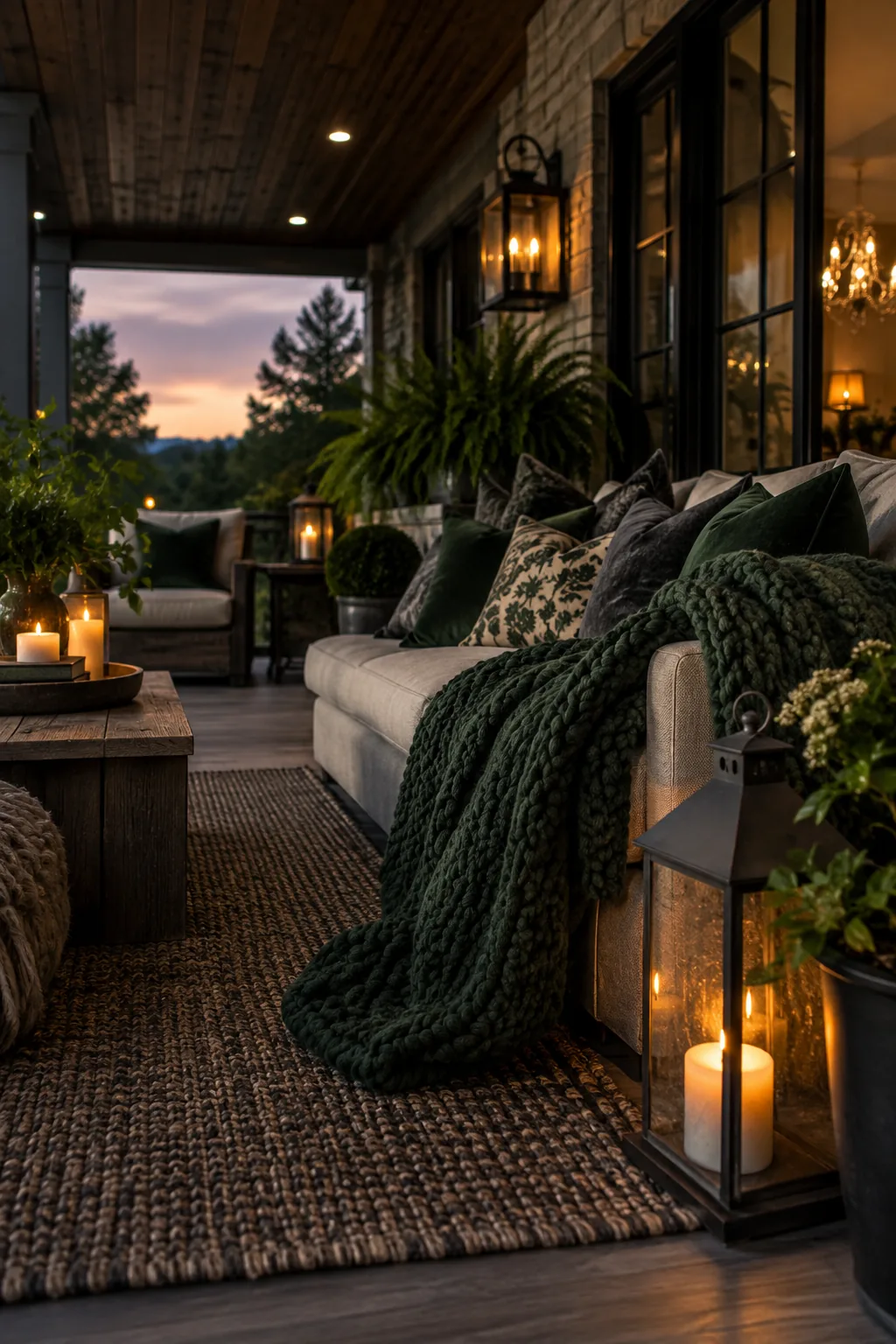 Dark outdoor sectional with green pillows and a textured blanket on a patterned outdoor rug