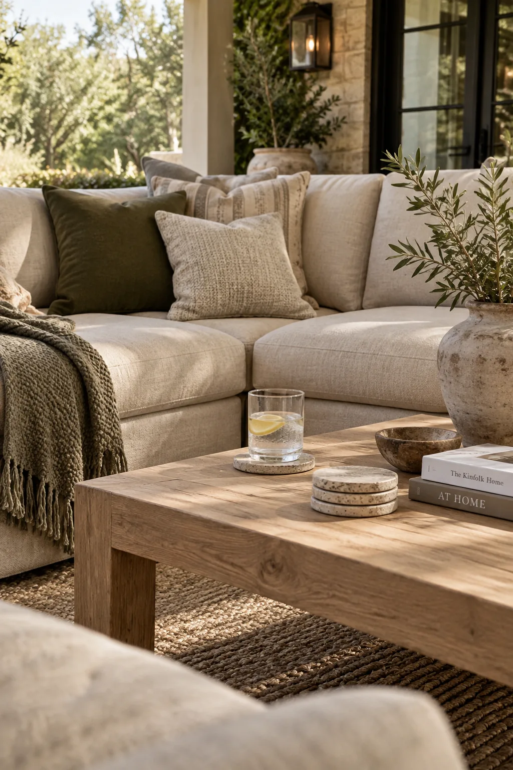 Large plush outdoor sectional on a covered patio with a wooden coffee table