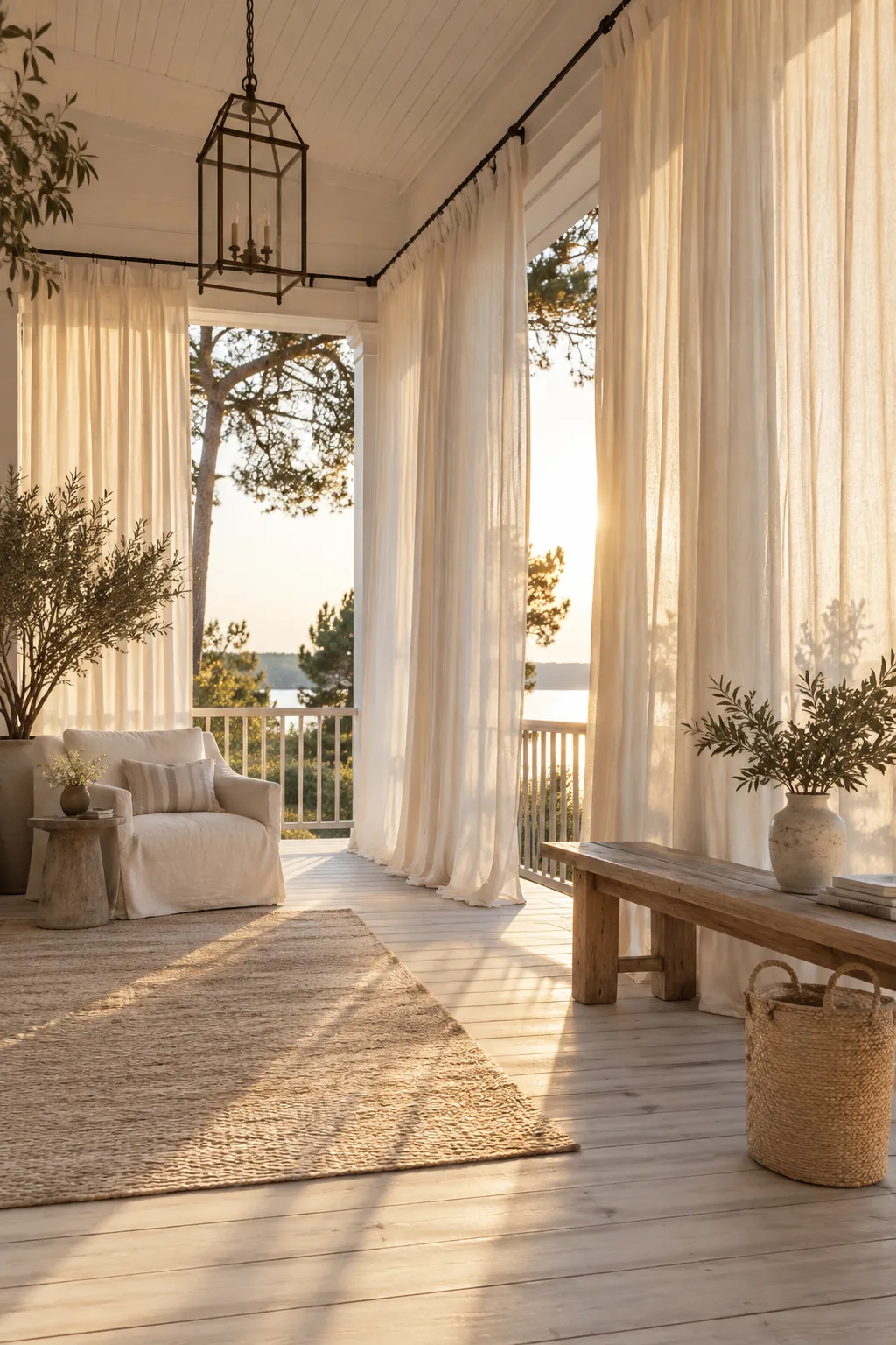 White outdoor curtains hung near the ceiling of a covered porch