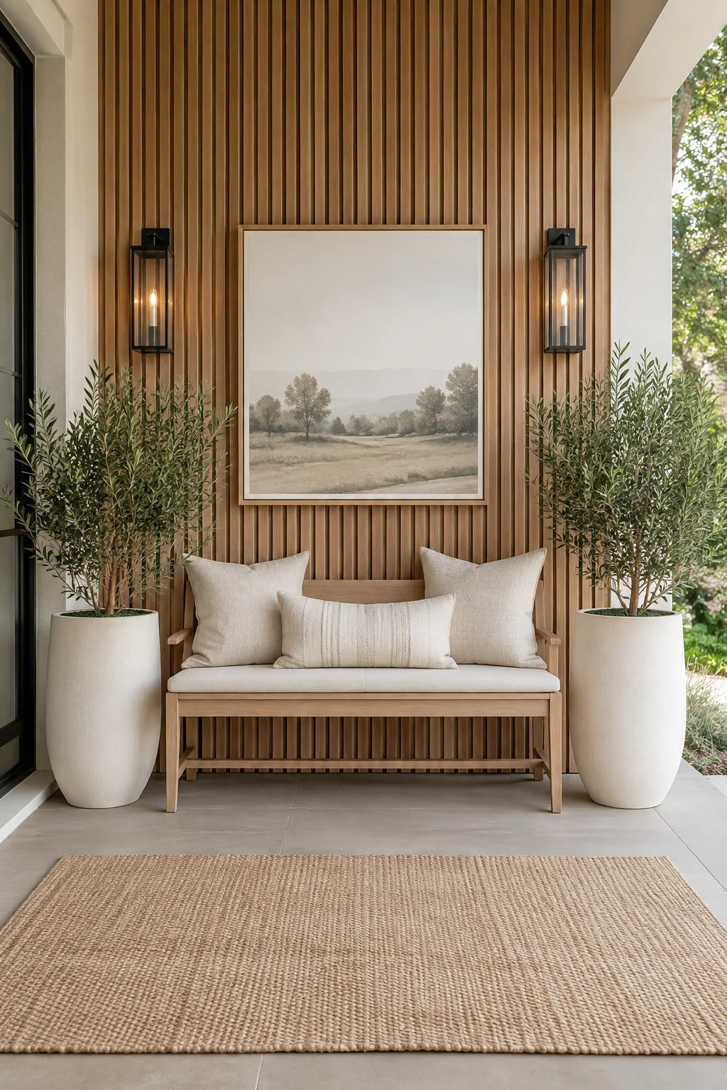 Two tall black planters framing a wooden outdoor bench on a porch