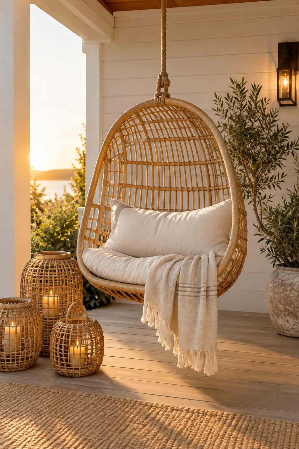 Hanging rattan swing chair with a lumbar pillow on a covered porch