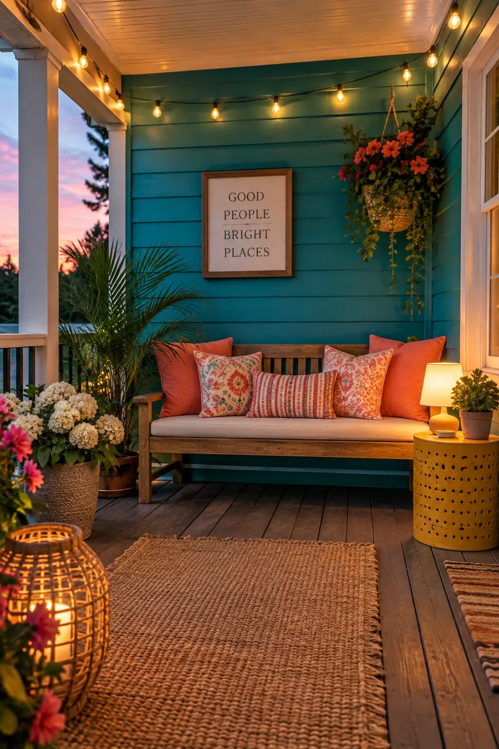 Covered porch illuminated by string lights and a small table lamp at dusk