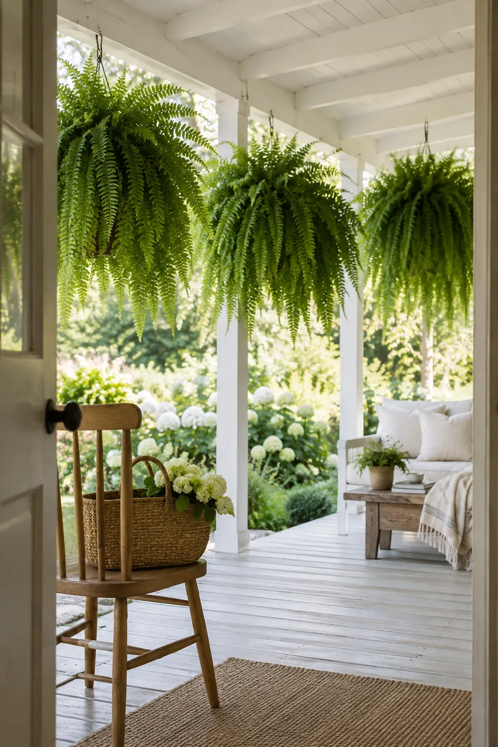 Three large Boston ferns hanging from the ceiling of a white porch