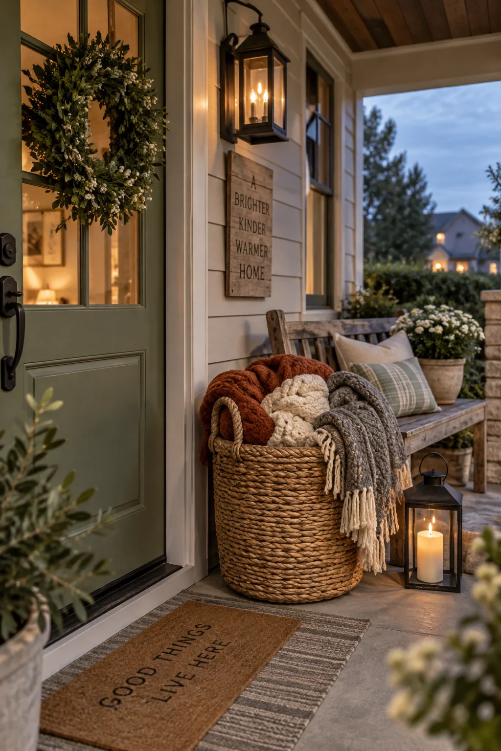 Woven basket filled with rolled blankets next to an outdoor sofa