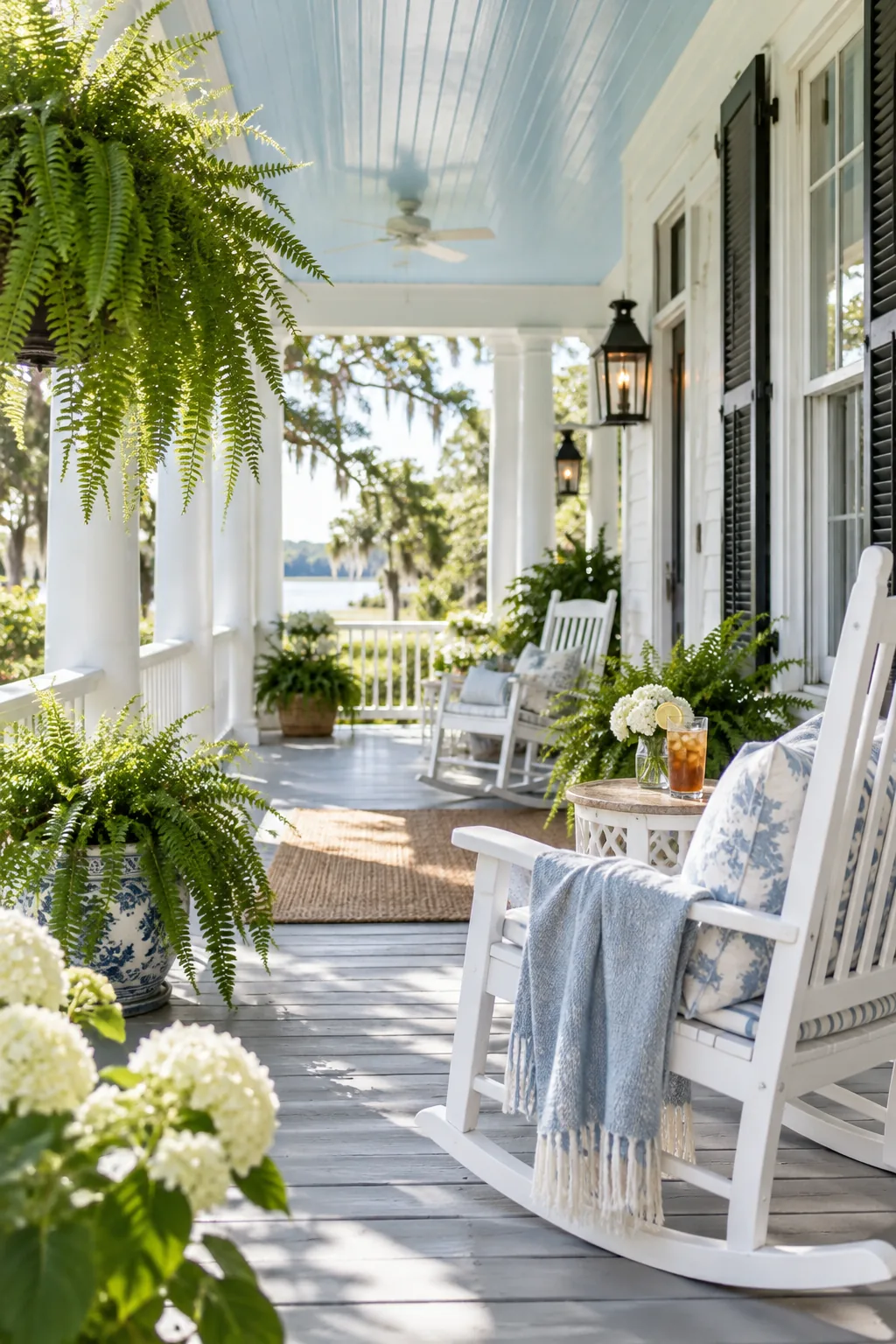 Light blue painted ceiling on a traditional covered porch
