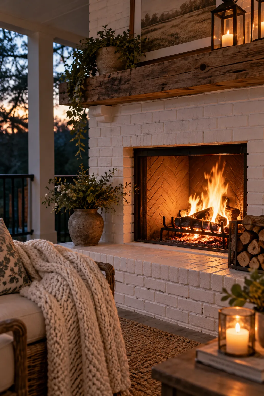 White painted brick outdoor fireplace surrounded by patio furniture
