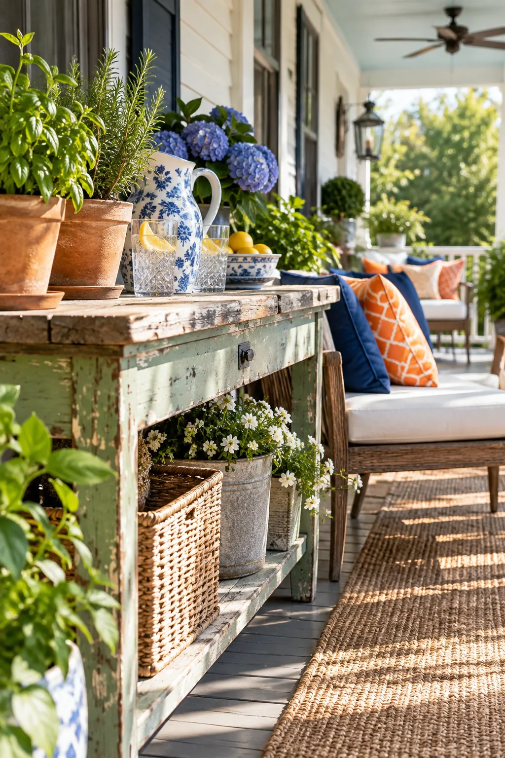 Weathered wooden workbench used as a console table on a patio