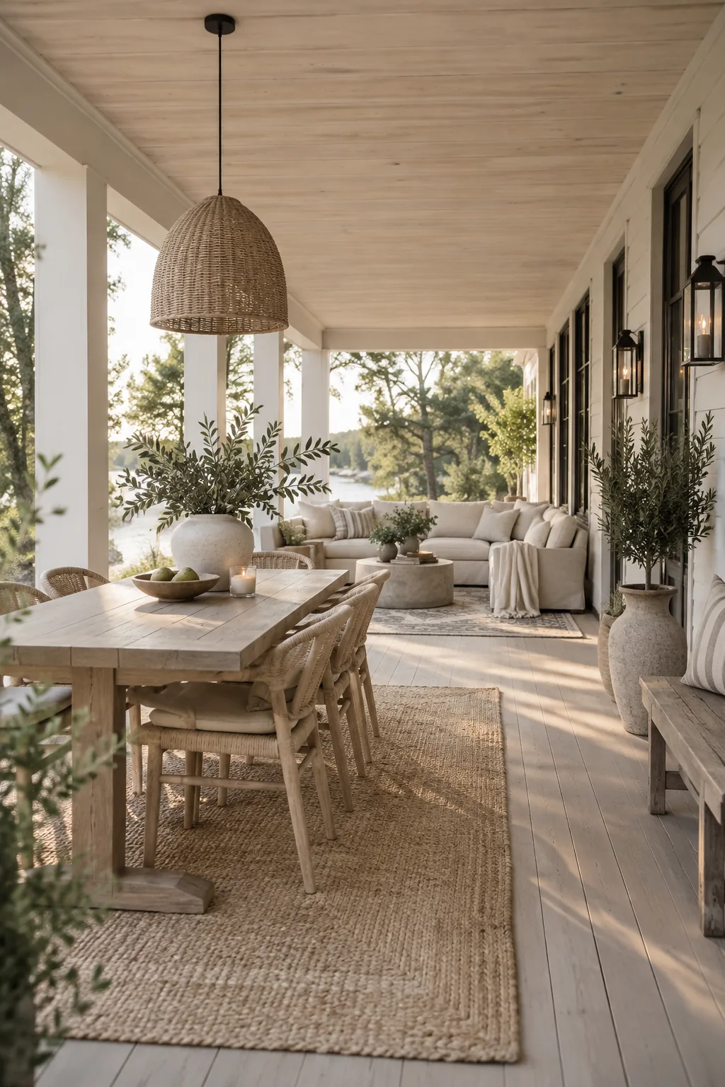 Long porch with a jute rug under a dining table and a patterned rug under a sofa
