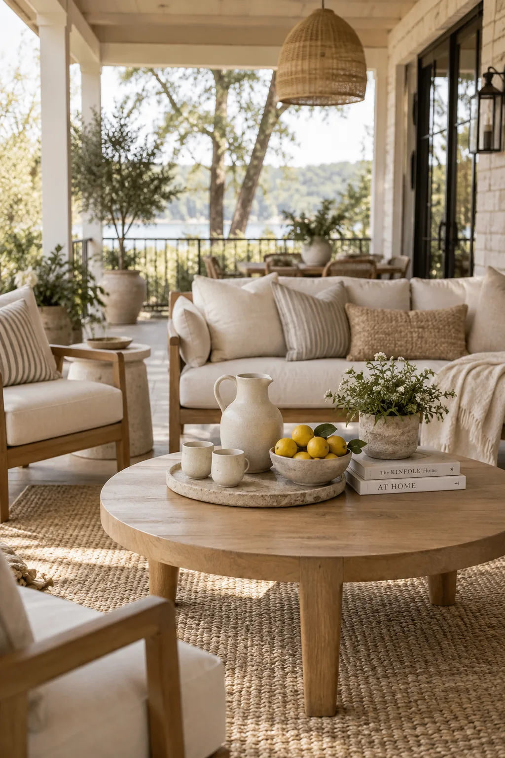 Outdoor sofa and chairs arranged in a circle in the center of a porch