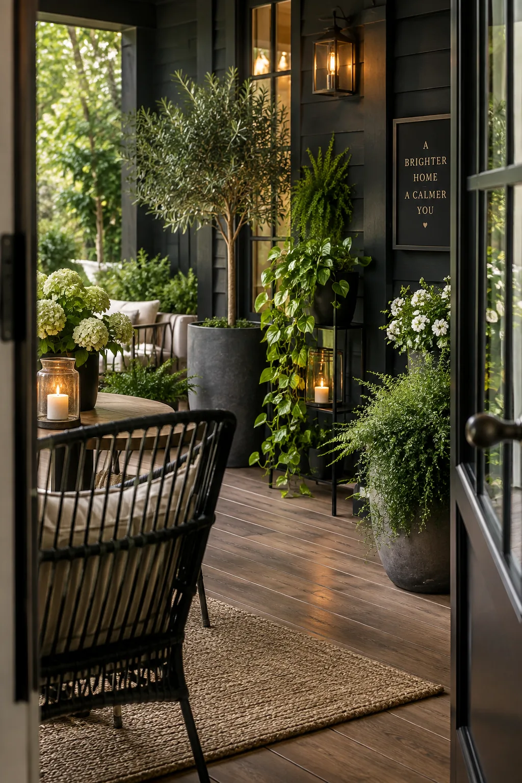 Bright green potted plants against a dark charcoal house exterior on a porch