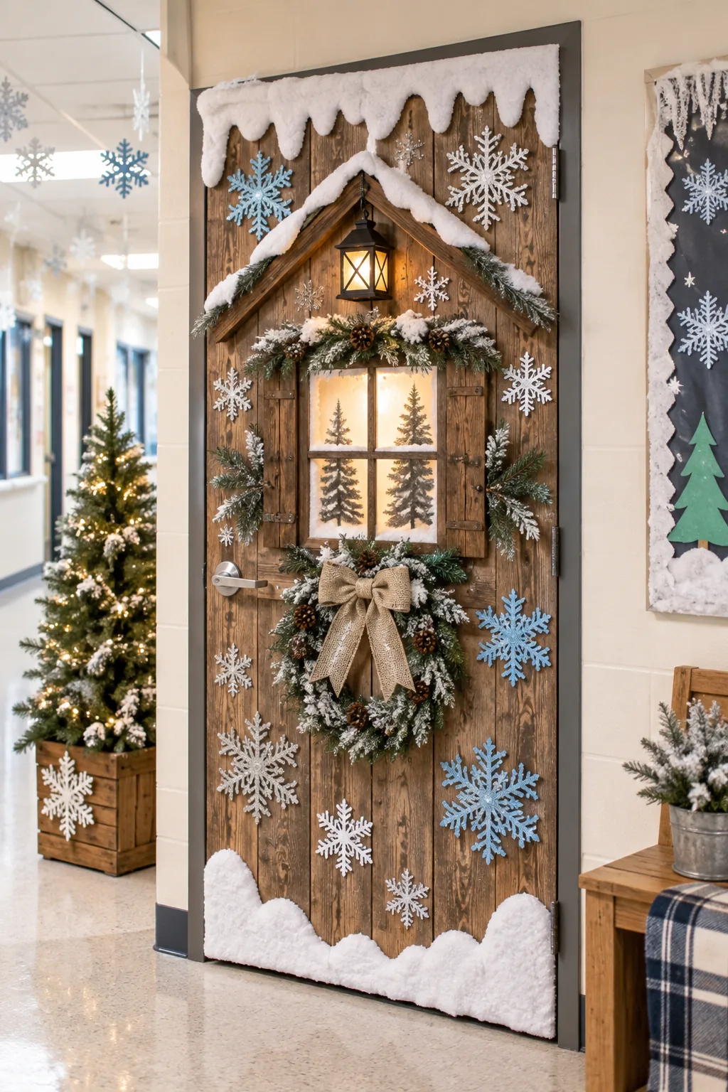 A classroom door decorated to look like a rustic winter cabin with wood paper and silver snowflakes.