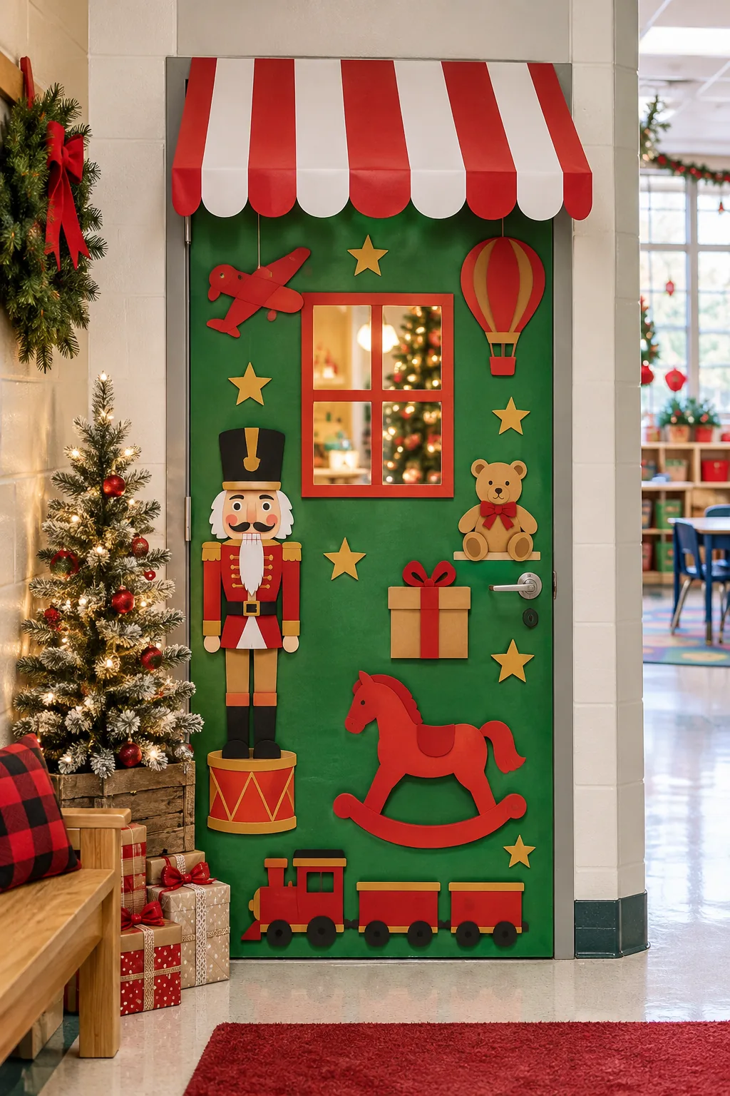 A classroom door decorated as Santa's workshop with green wrapping paper and 3D toy silhouettes.