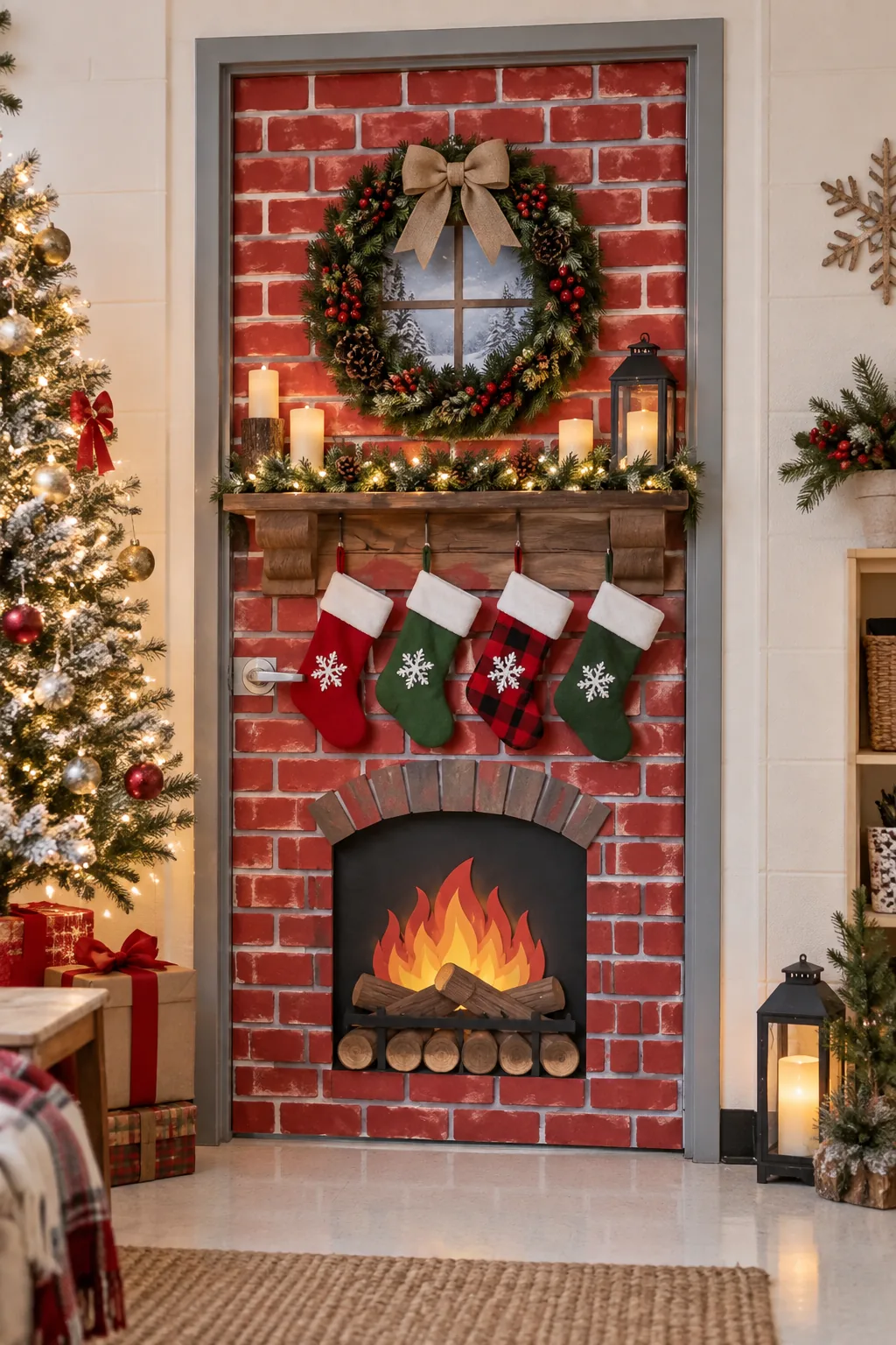 A classroom door decorated as a brick fireplace with a 3D mantle and hanging stockings.