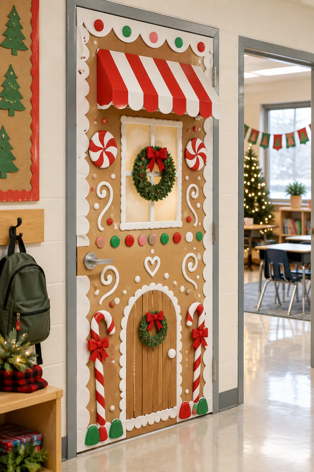 Full straight-on view of a decorated gingerbread themed school door showing its exact proportions in a hallway.