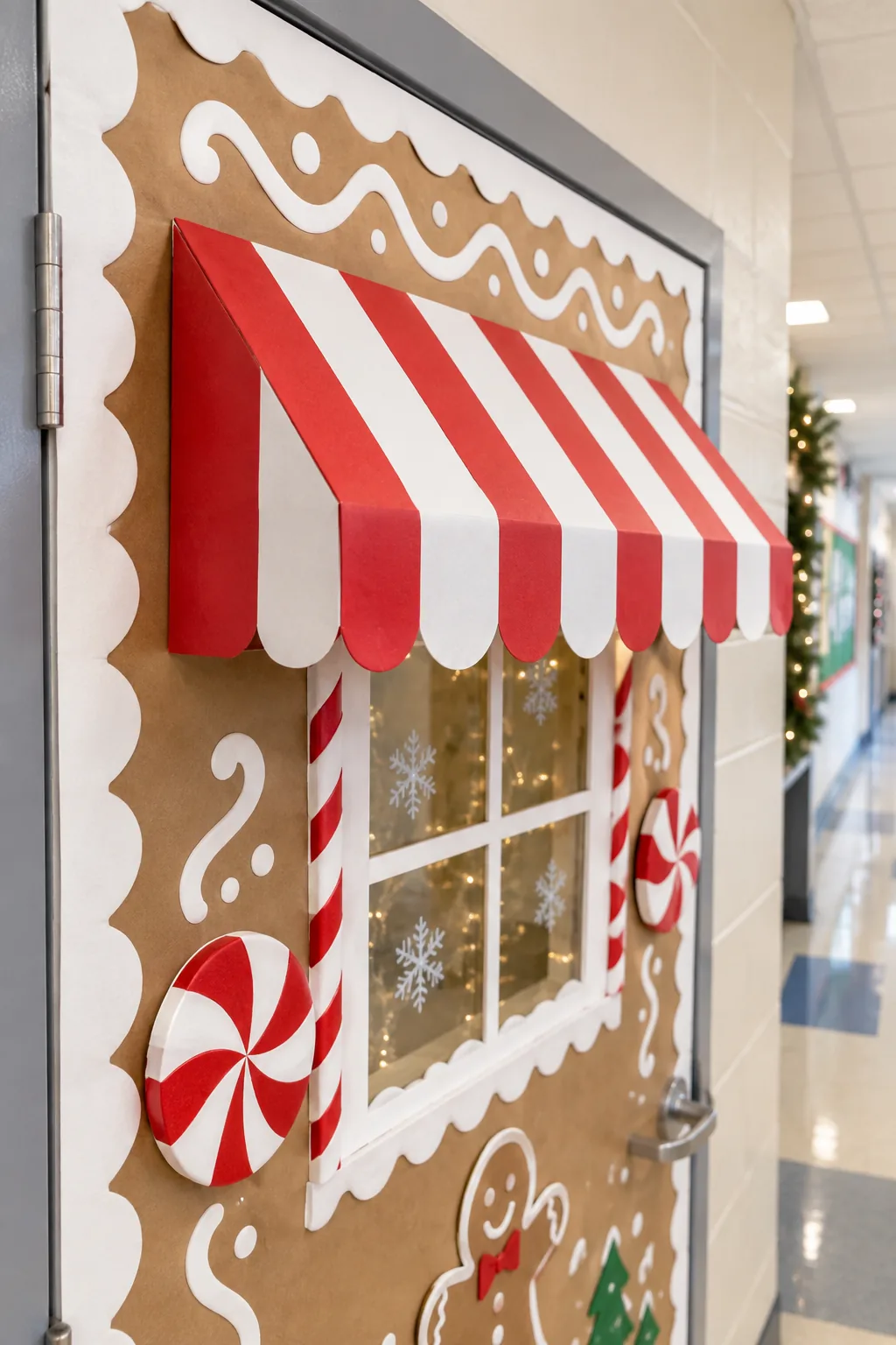 Close-up of the crisp edge where kraft paper meets a gray metal door frame, covered by white scalloped trim.