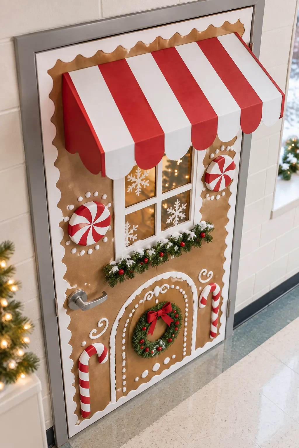 Angled view of a 3D red and white striped paper awning projecting outward from a classroom door.