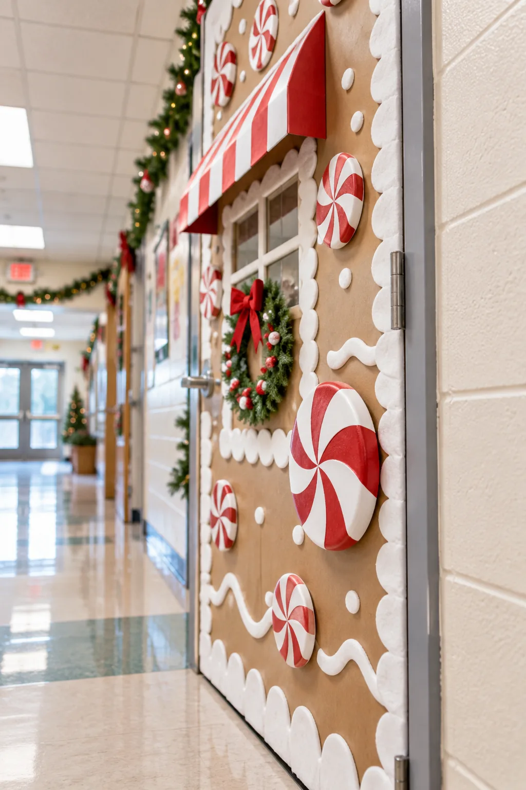 Close-up of a painted 3D foam peppermint half attached flush to a kraft paper door background.