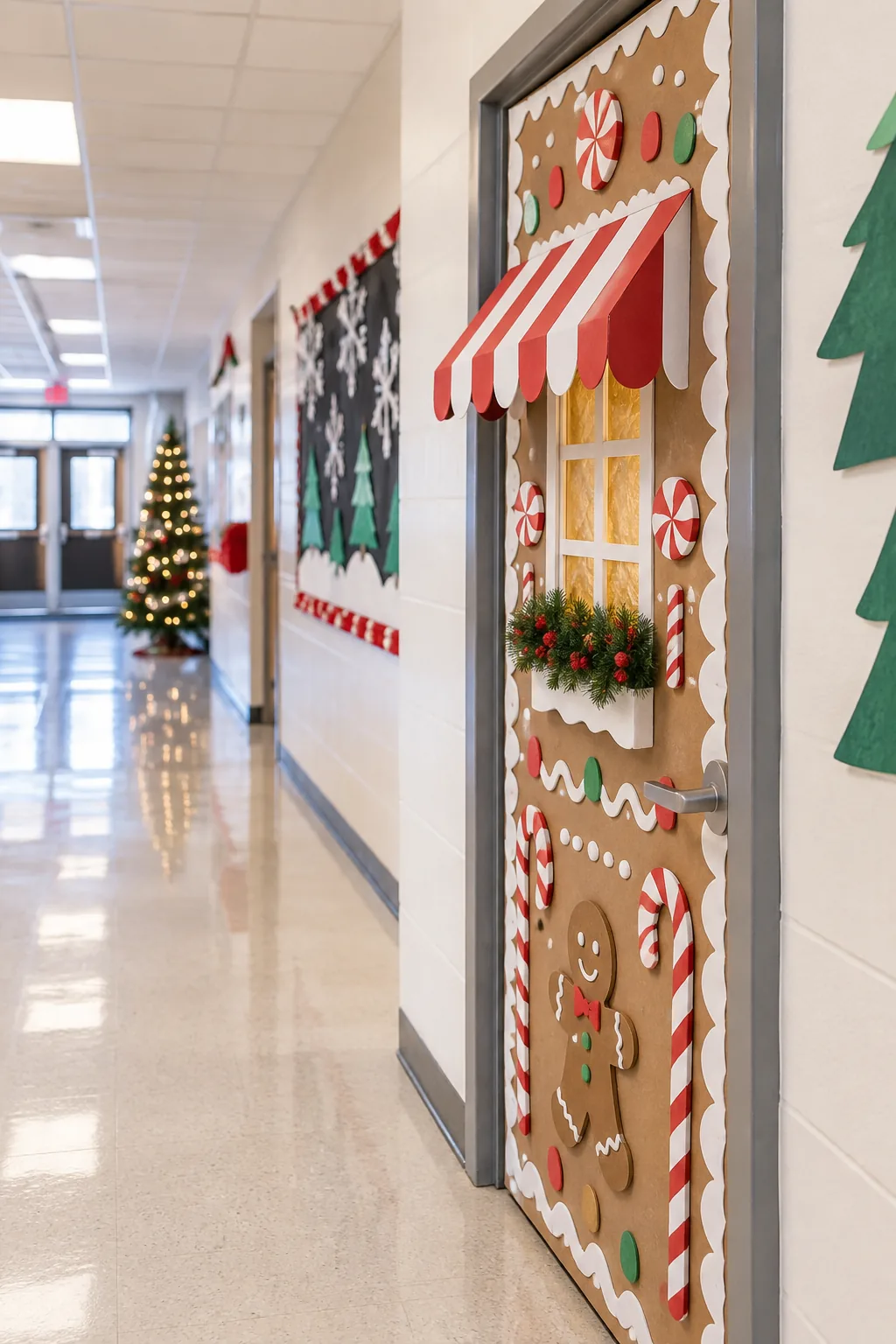 Side profile view down a school hallway showing a decorated door with shallow 3D elements.