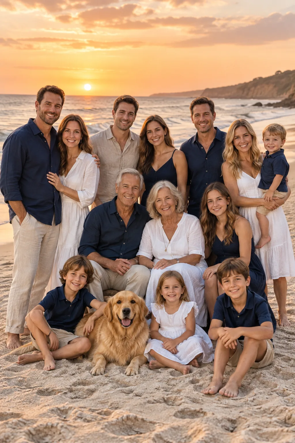 A large family posed on a beach wearing navy, white, and tan.