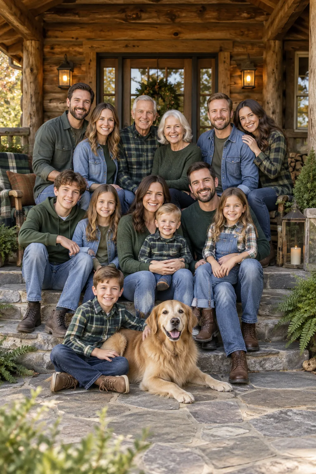 A family posed on a cabin porch wearing denim and green plaid.