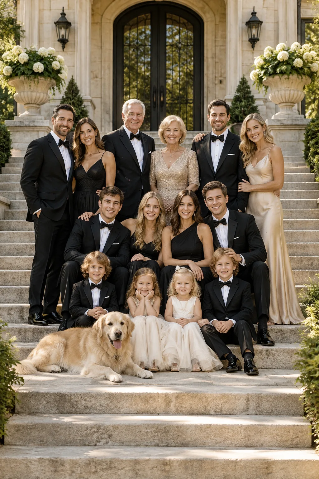 A family posed on stone steps wearing formal black and champagne attire.