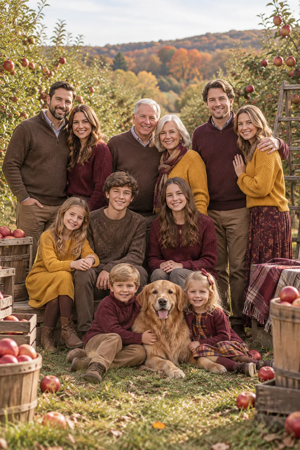 A family posed in an orchard wearing mustard, burgundy, and brown.