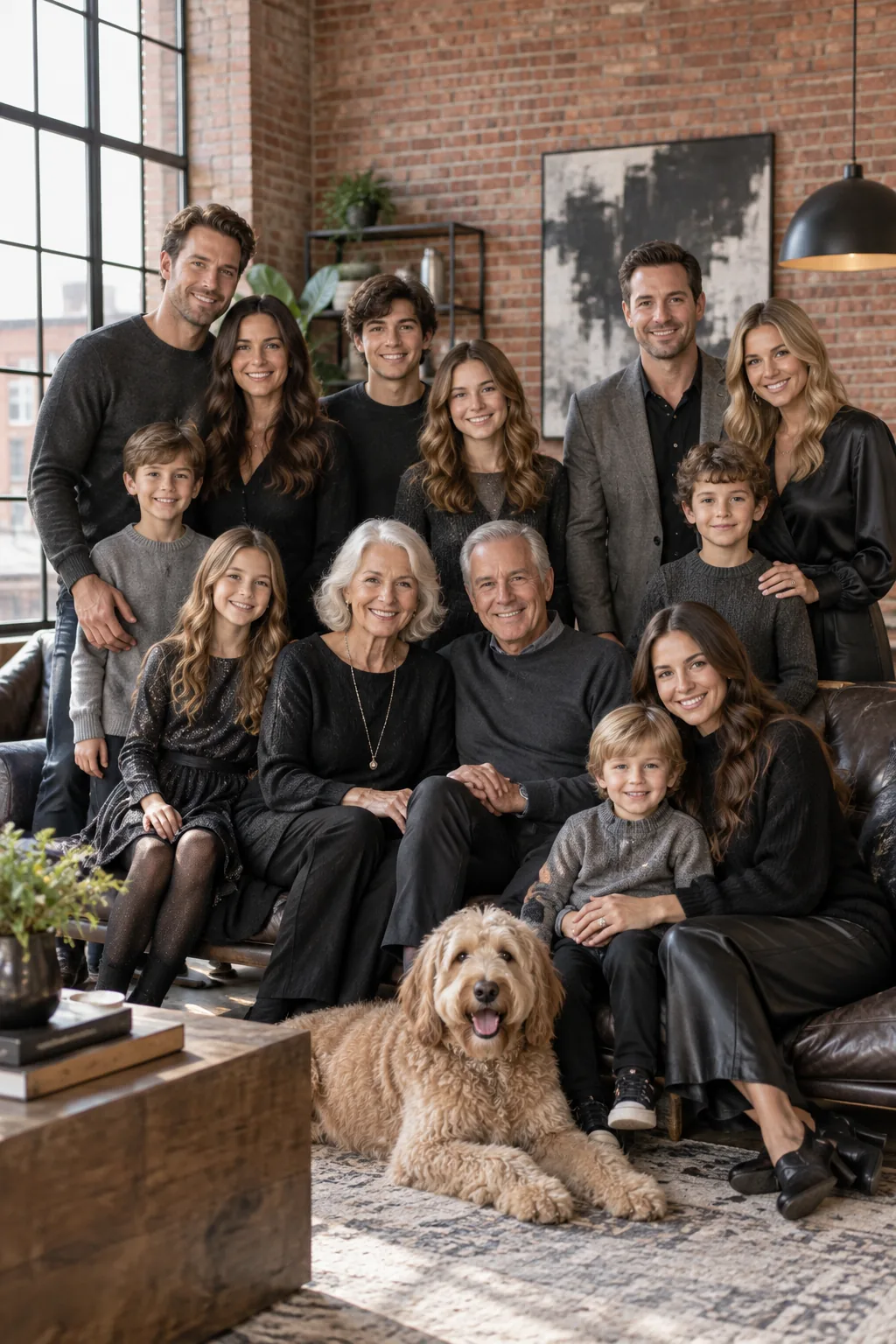 A family posed in a brick loft wearing charcoal and black.