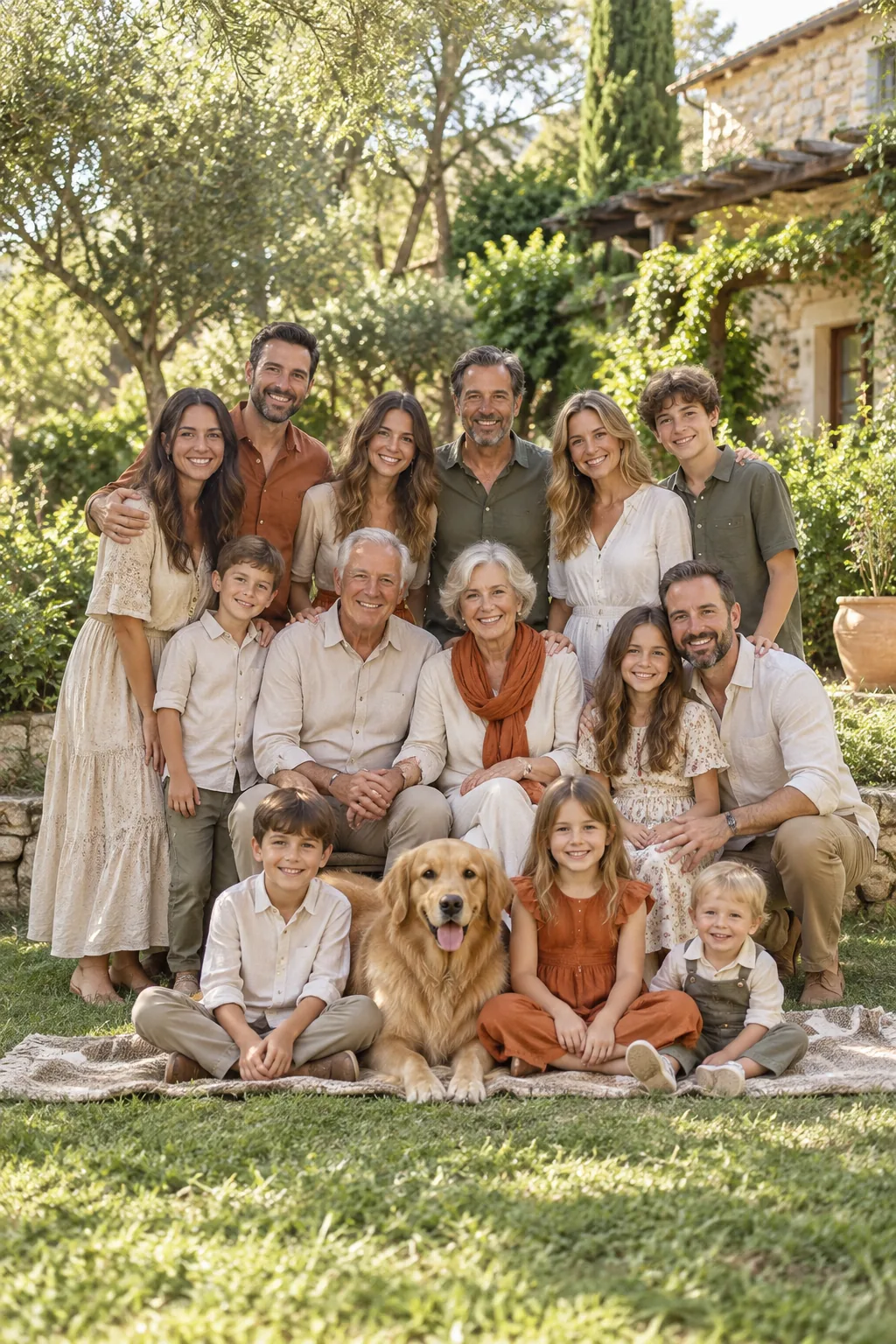 A large family wearing neutral tones with three people wearing rust-orange accents.