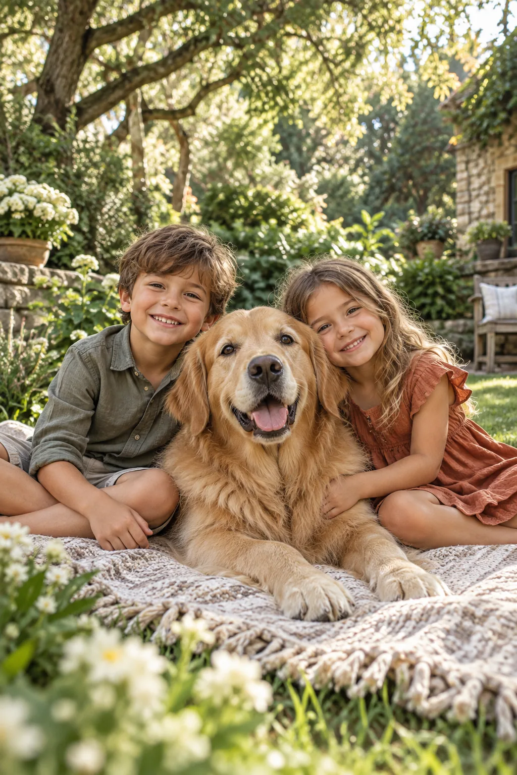 A Golden Retriever lying on a blanket in front of two seated children.