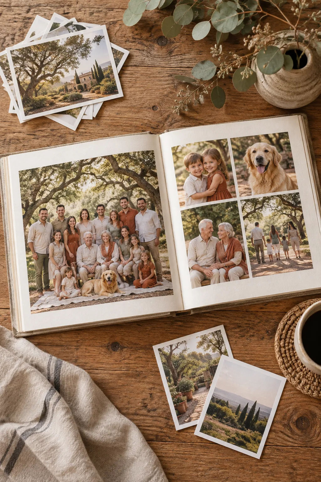 A family posed under the shade of large oak trees with soft lighting.