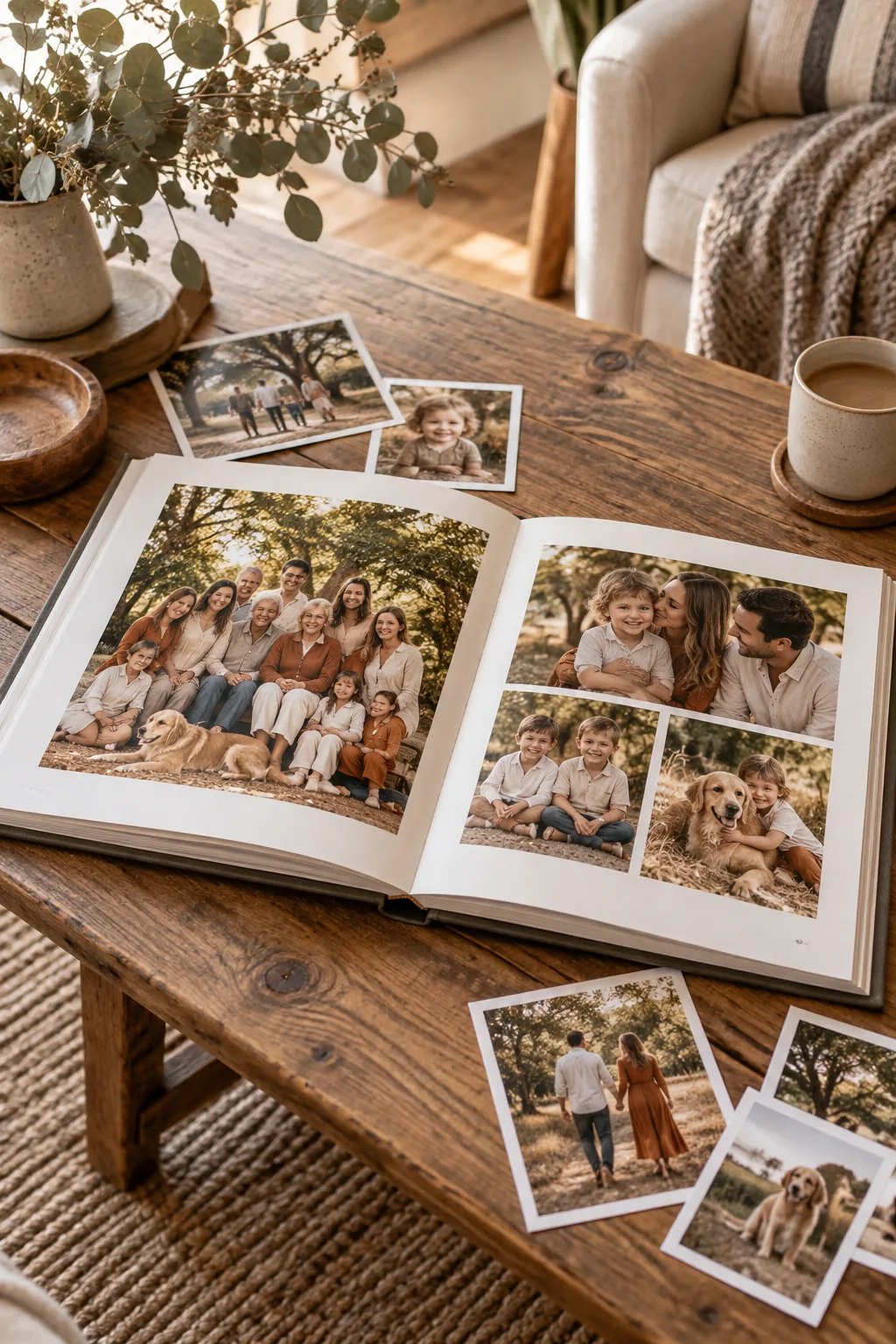An open family photo album and loose prints on a wooden table.