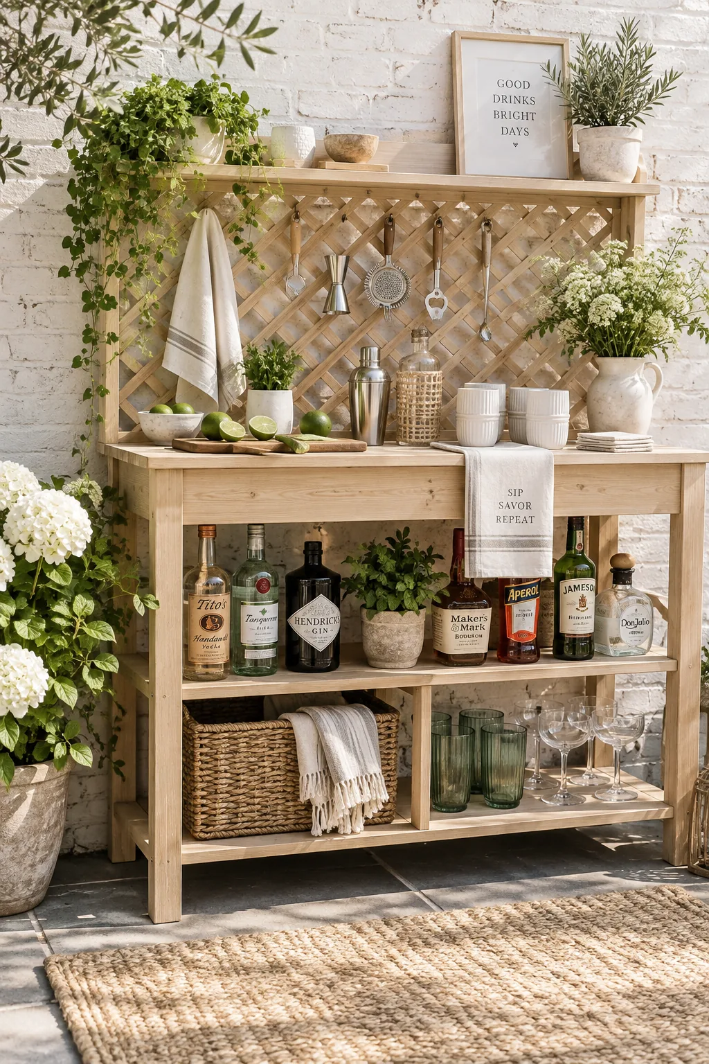 Wooden potting bench styled as an outdoor bar with liquor bottles and glasses