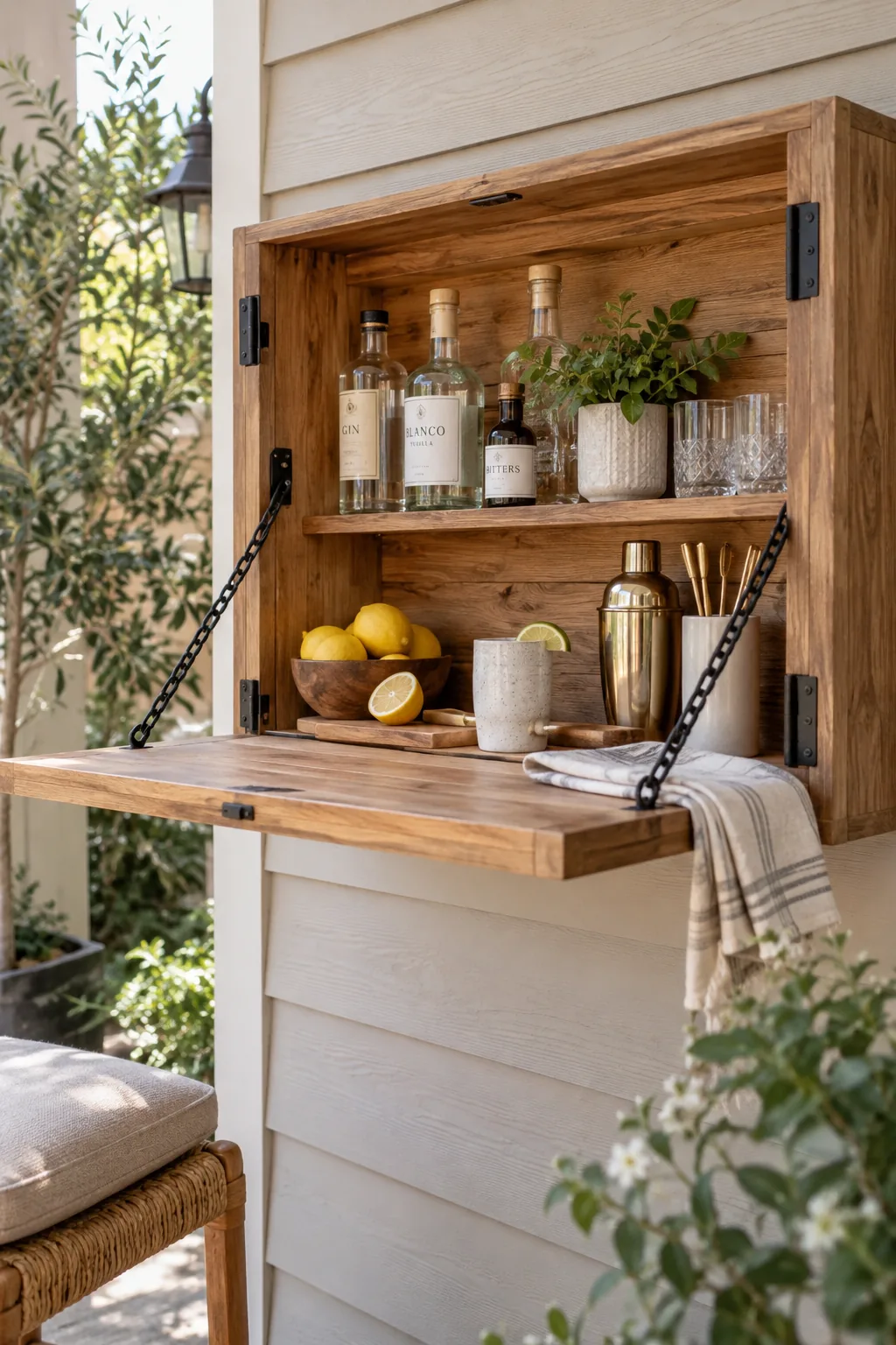 Wooden wall-mounted box folded down into a bar counter with drinks